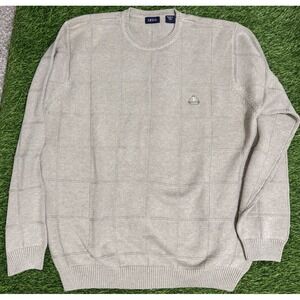 IZOD Sweater Mens L Beige  Check Knit 100% Cotton Long Sleeve Crew Neck Pullover